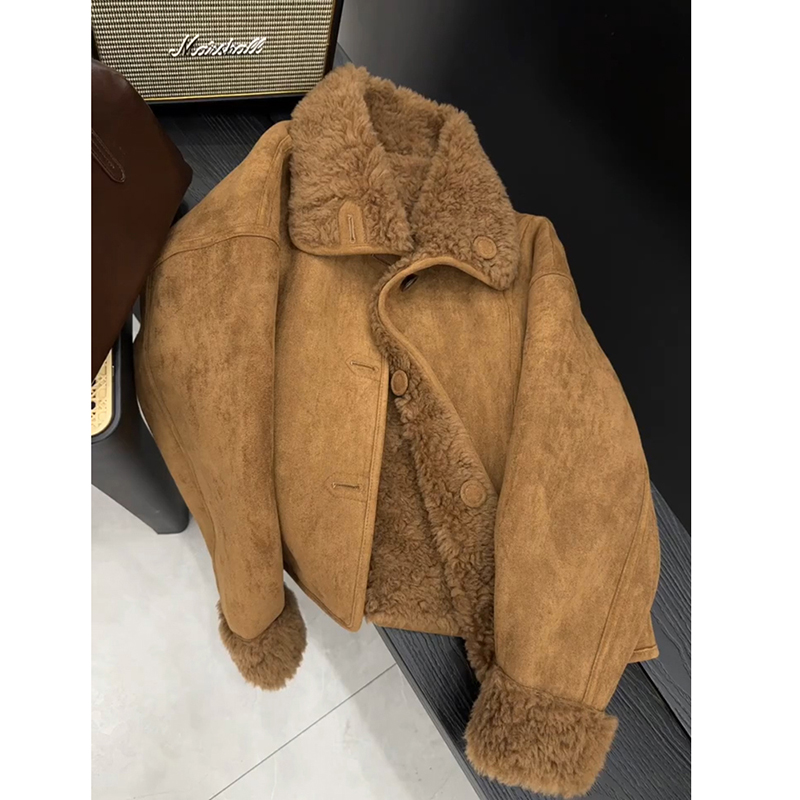 初冬季美拉德复古气质棕色皮毛一体羊羔毛麂皮加绒厚外套女小个子