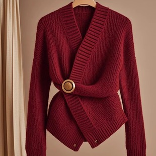高级感安可拉红毛衣秋冬新款2024女款v领减龄绑带长袖针织上衣女