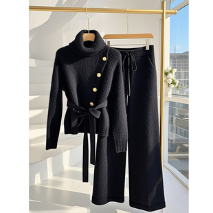2024年冬季穿搭一整套高级感气质名媛高端小香风黑色毛衣裤子套装