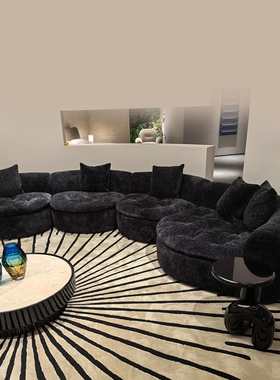 设计师款意式极简多人客厅轻奢别墅大平层软体黑色雪尼尔布艺沙发