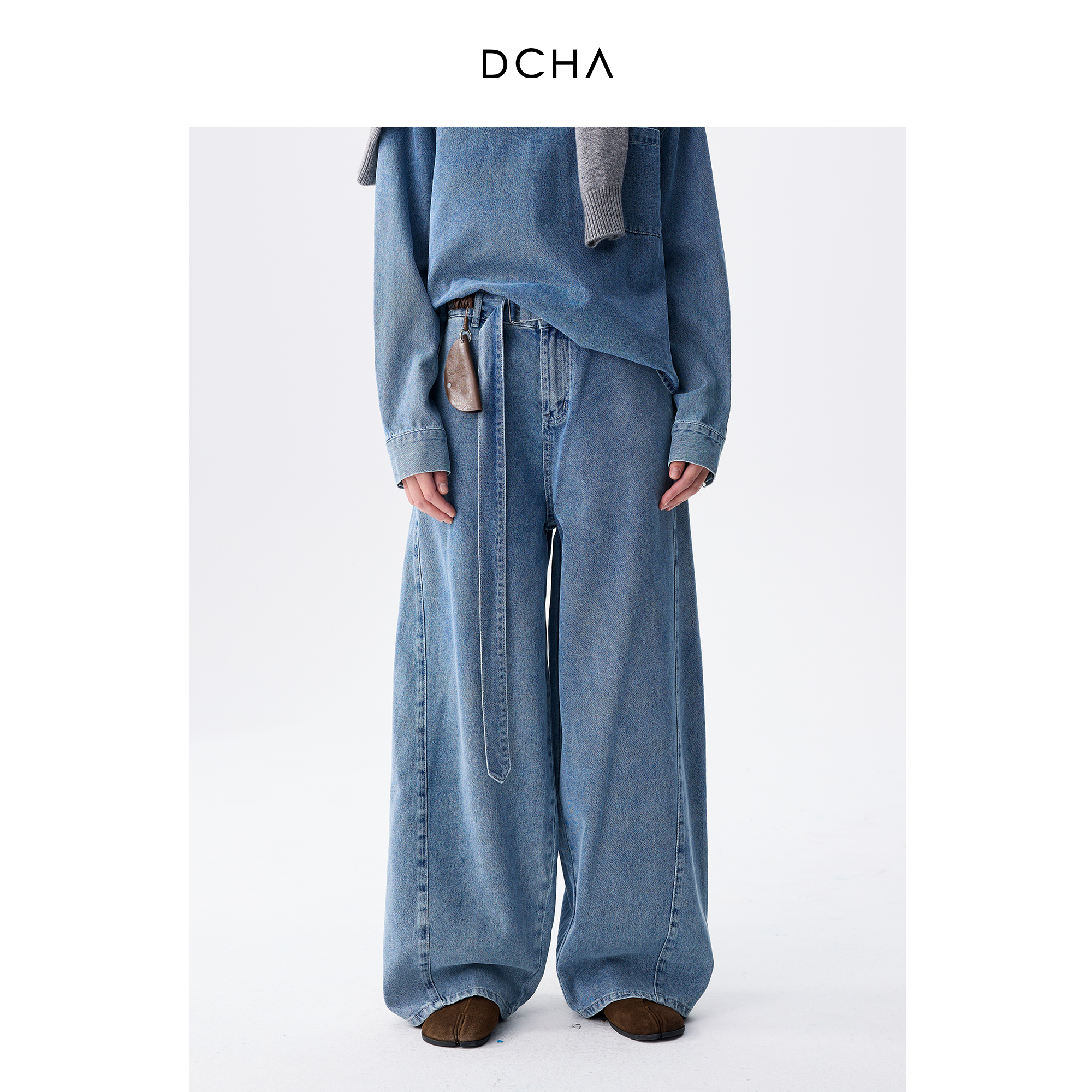 DCHA 宽松直筒阔腿腰带牛仔裤长裤