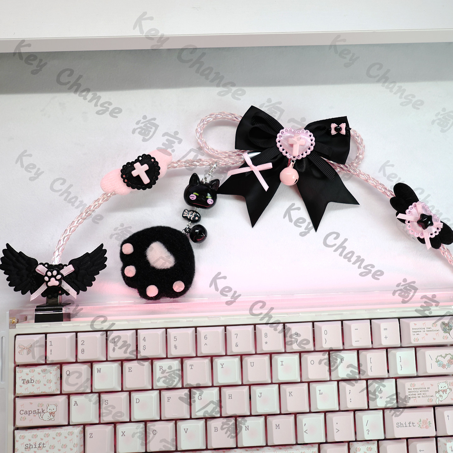 原创定制wooting小蜜蜂键盘飘带黑粉暗黑系发光8k磁轴键盘数据线