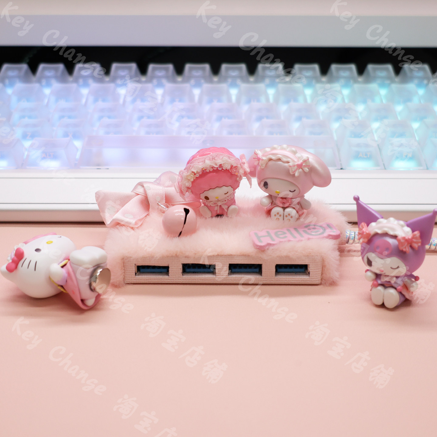 定制粉白色1.2m延长usb3.0扩展坞转换插头一拖四集线器hub外接u盘