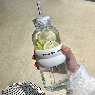 双盖玻璃水杯女高颜值简约杯子耐高温仙女杯吸管杯便携果汁牛奶杯