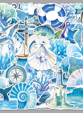 100张蓝色海洋贴纸卡通创意小清新氛围感涂鸦电脑手机壳冰箱贴纸