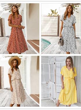 Polka-dot printed short-sleeved cotton women dress人棉连衣裙