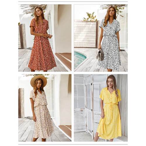Polka-dot printed short-sleeved cotton women dress人棉连衣裙
