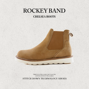 ROCKEY 头层牛皮真皮秋冬复古烟筒靴子反绒 BAND短靴切尔西靴男士