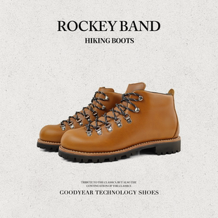 ROCKEY 复古男 BAND固特异黄棕变色油蜡头层牛皮高帮马丁靴经典