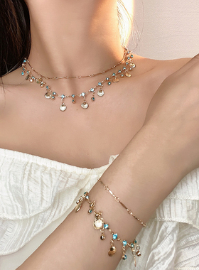 奶泥MILKMUD/流苏蓝钻贝壳项链异域风情锁骨叠戴双层少数民族手链