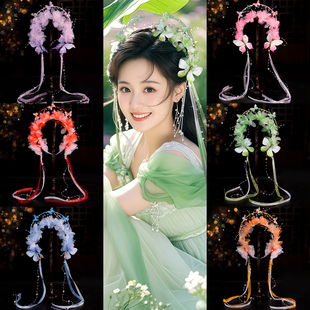 唐风写真发饰cos欢天喜地七仙女写真配饰绢纱花朵蝴蝶长流苏发箍