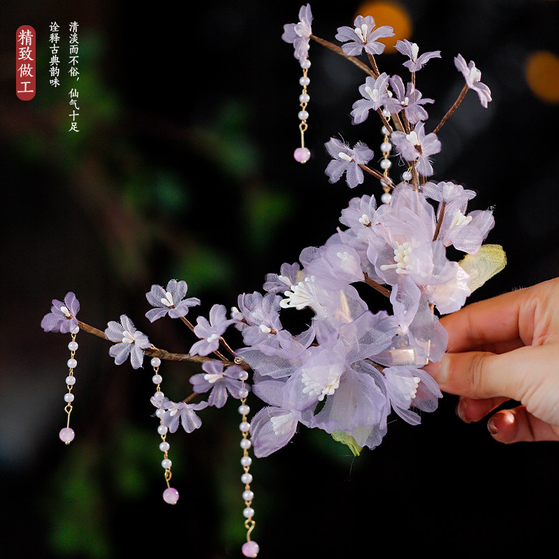 新款汉服头饰女款原创侧边仙气蓝粉色缠花绢花软发夹古代古风发饰