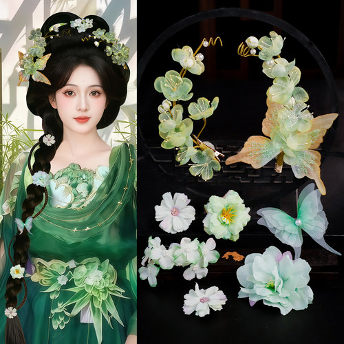 绿色绢纱花朵汉服发饰套装