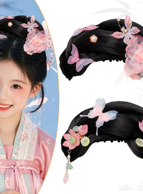 女童汉服蓝荷花蝴蝶抓夹发髻