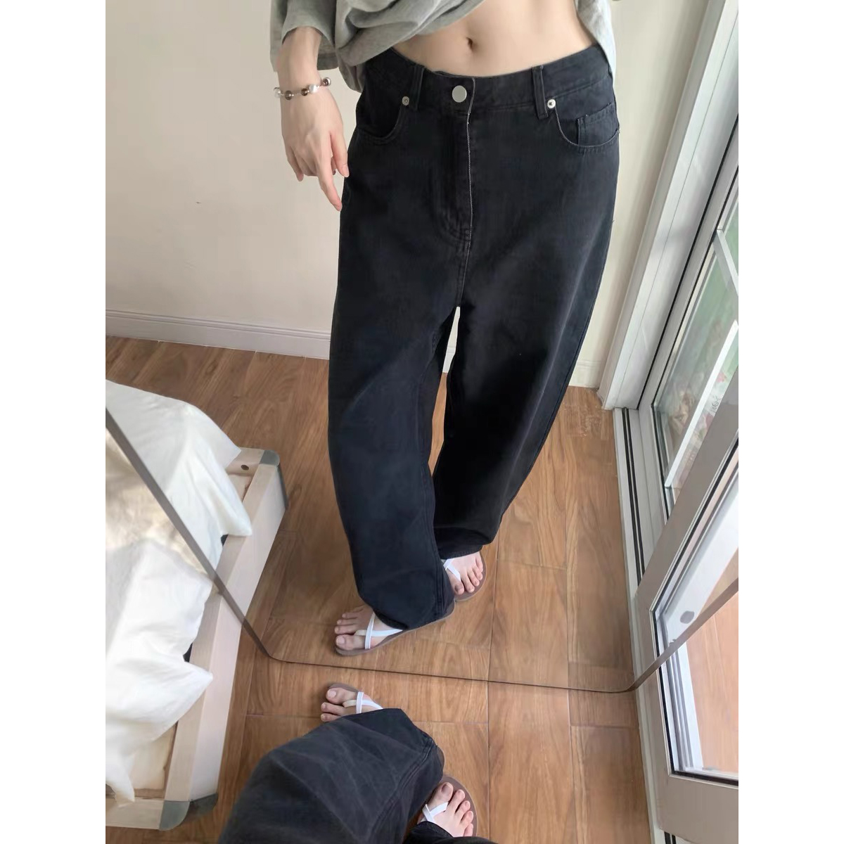 弯刀牛仔裤长裤女夏黑色阔腿裤子