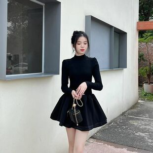 赫本风高级感黑色连衣裙子女装 气质千金公主蓬蓬a字短裙 秋冬法式