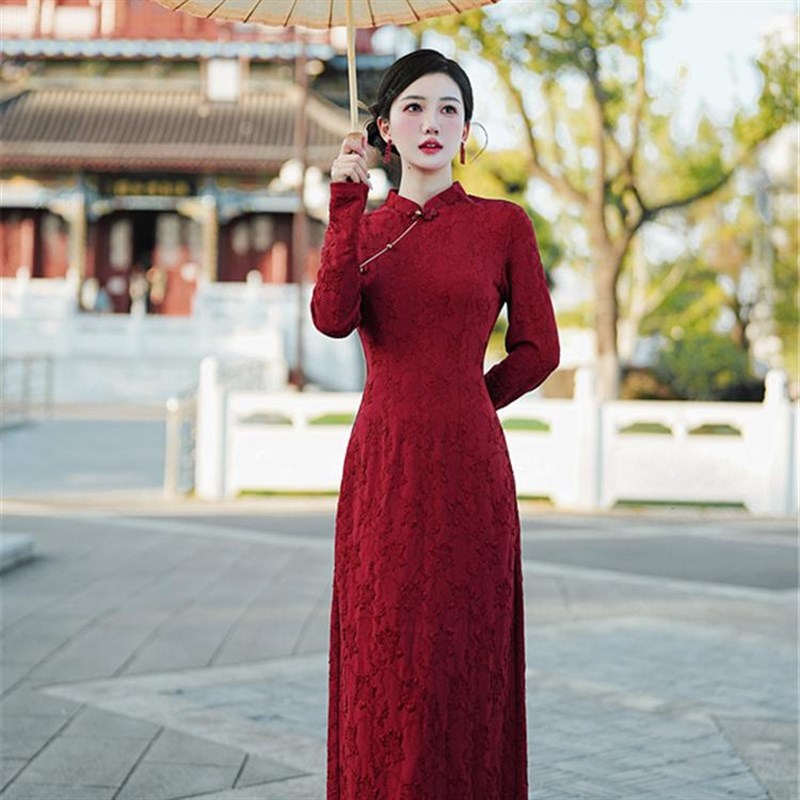 现货速发秋冬新中式国风复古提花外套红色旗袍连衣裙套装敬酒服新