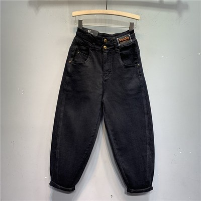 速发欧货20款4新2高腰两粒扣黑色水洗棉弹牛仔垮裤洋气哈伦裤