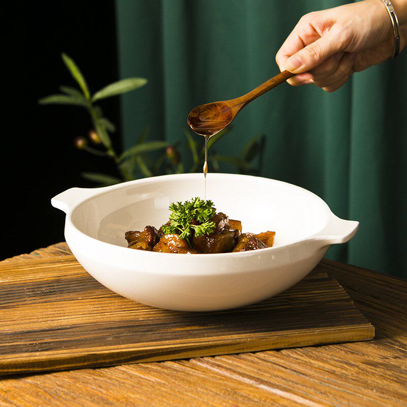 速发水煮肉片陶瓷大号碗菜鱼大盆碗白色汤子煲餐具双耳茄酸家用高