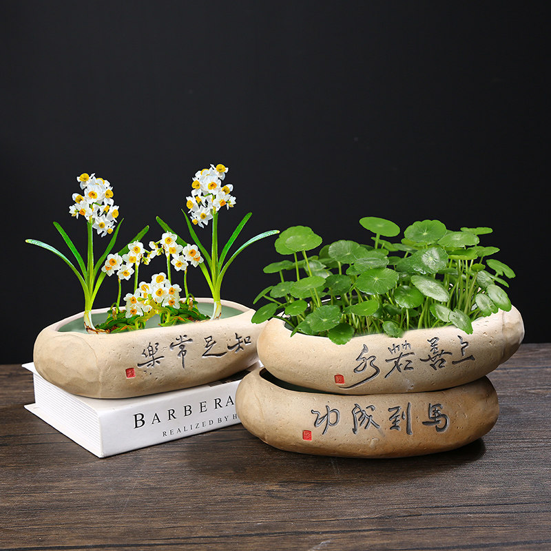 速发花草陶瓷无孔创仙花仿石头鱼缸水培盆景家居水意铜钱盆碗莲盆