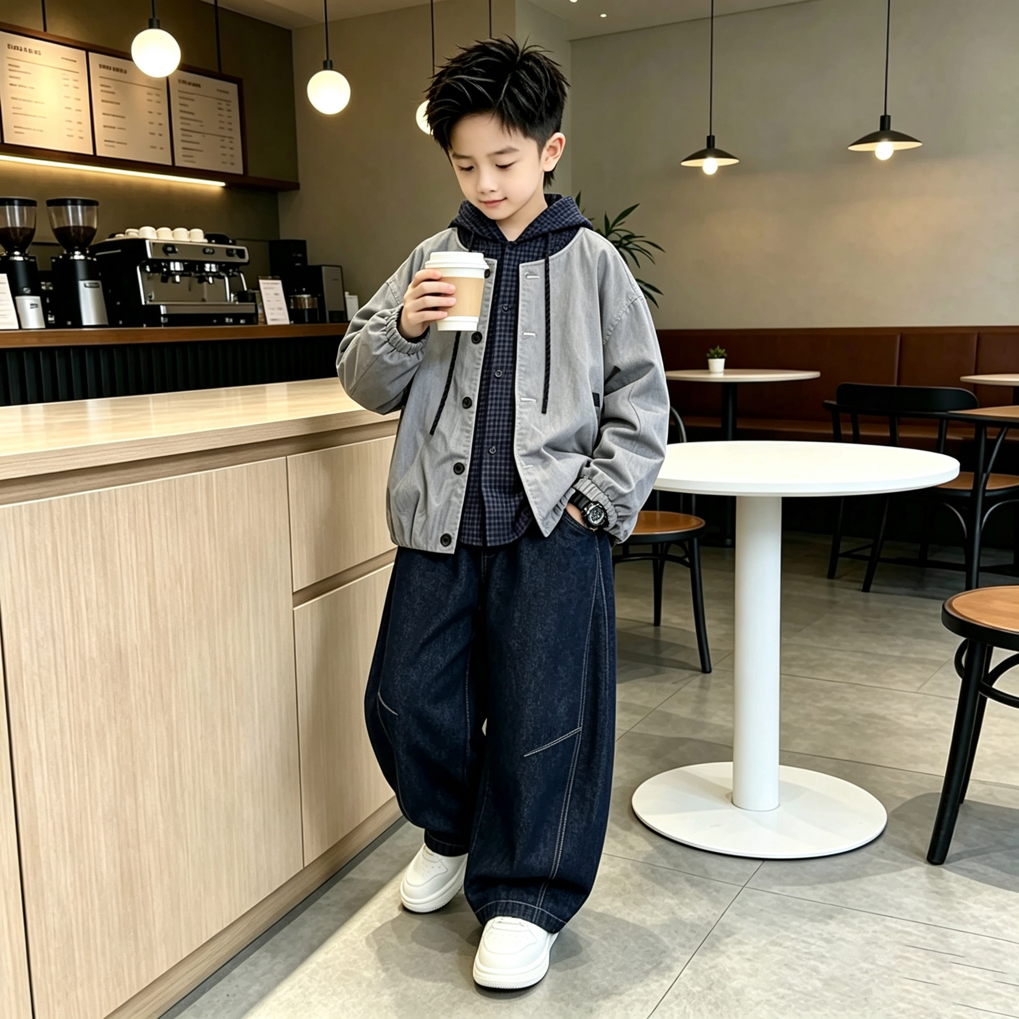 男童春秋三件套男大童休闲连帽衬衫牛仔裤子套装新款儿童两件套