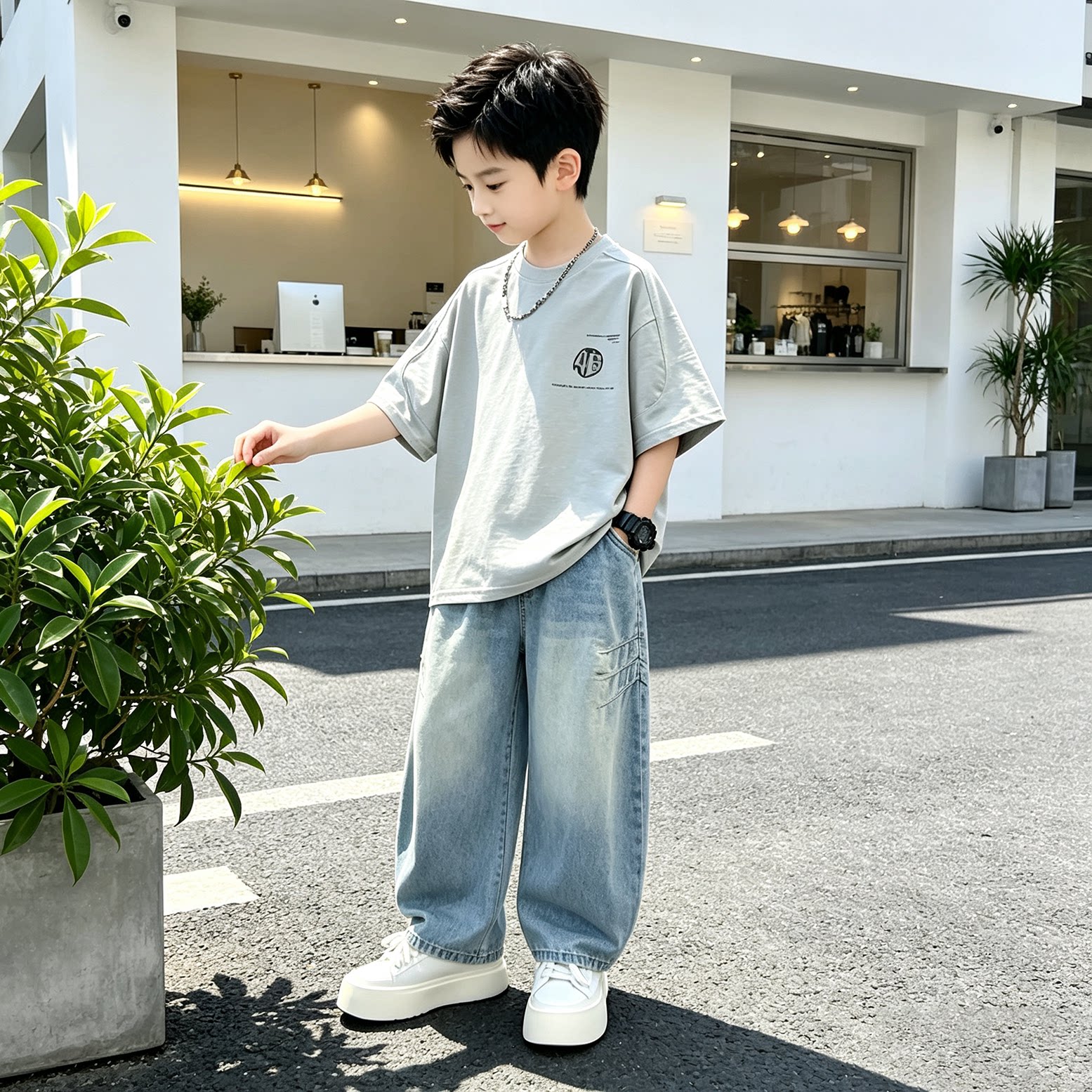 休闲男大童夏季两件套夏装儿童宽松短袖T恤薄款牛仔长裤套装男童
