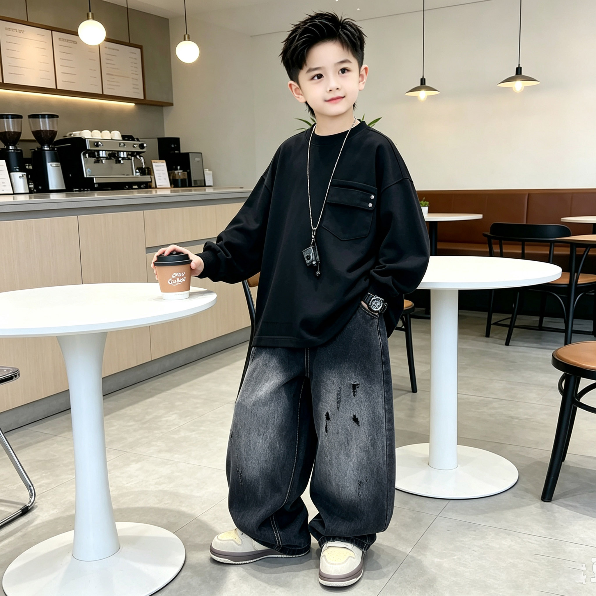 男童春秋卫衣套装韩版时髦潮酷痞帅圆领长袖牛仔裤两件套2026新款