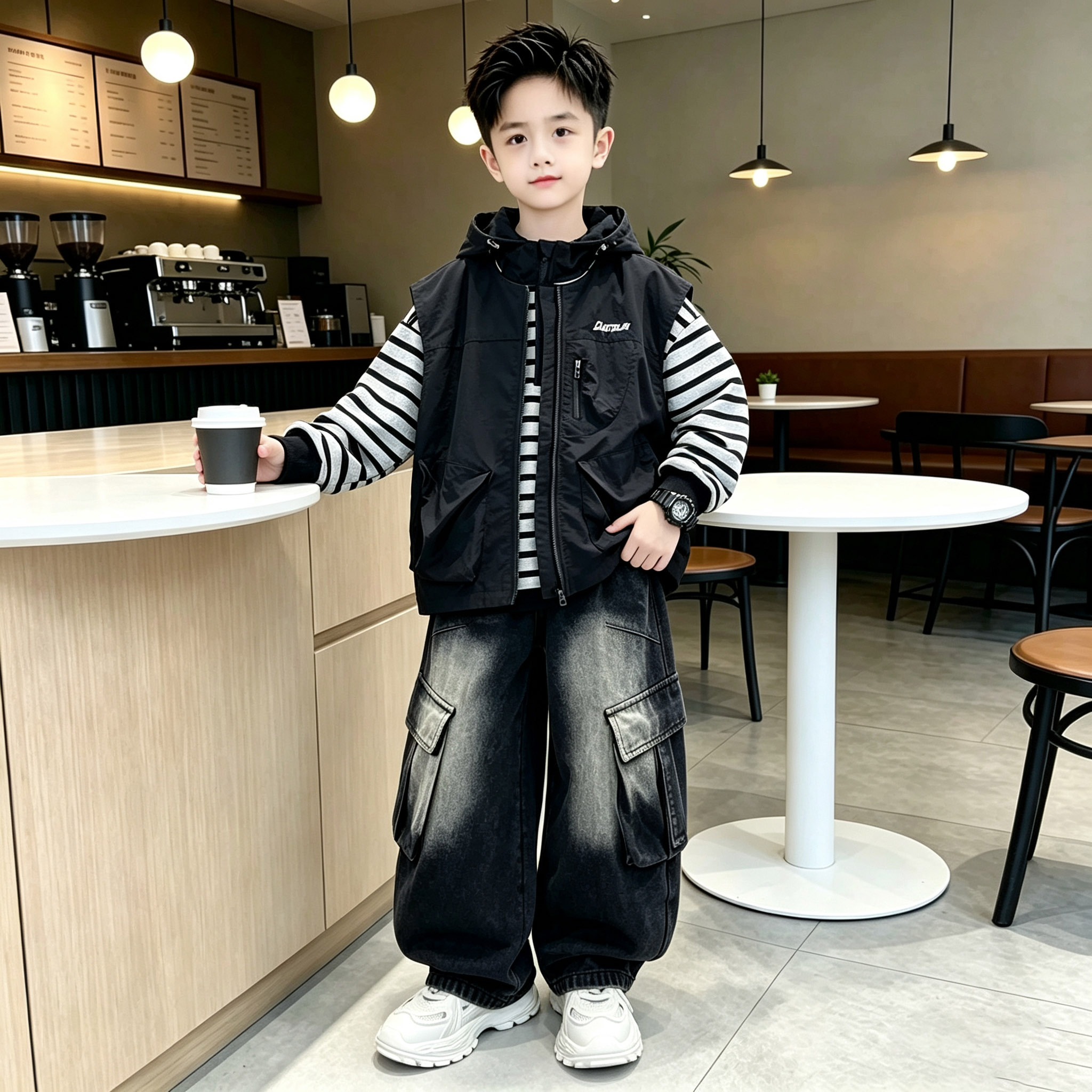 男童春秋套装大童韩版帅马甲条纹卫衣工装裤三件套儿童休闲两件套