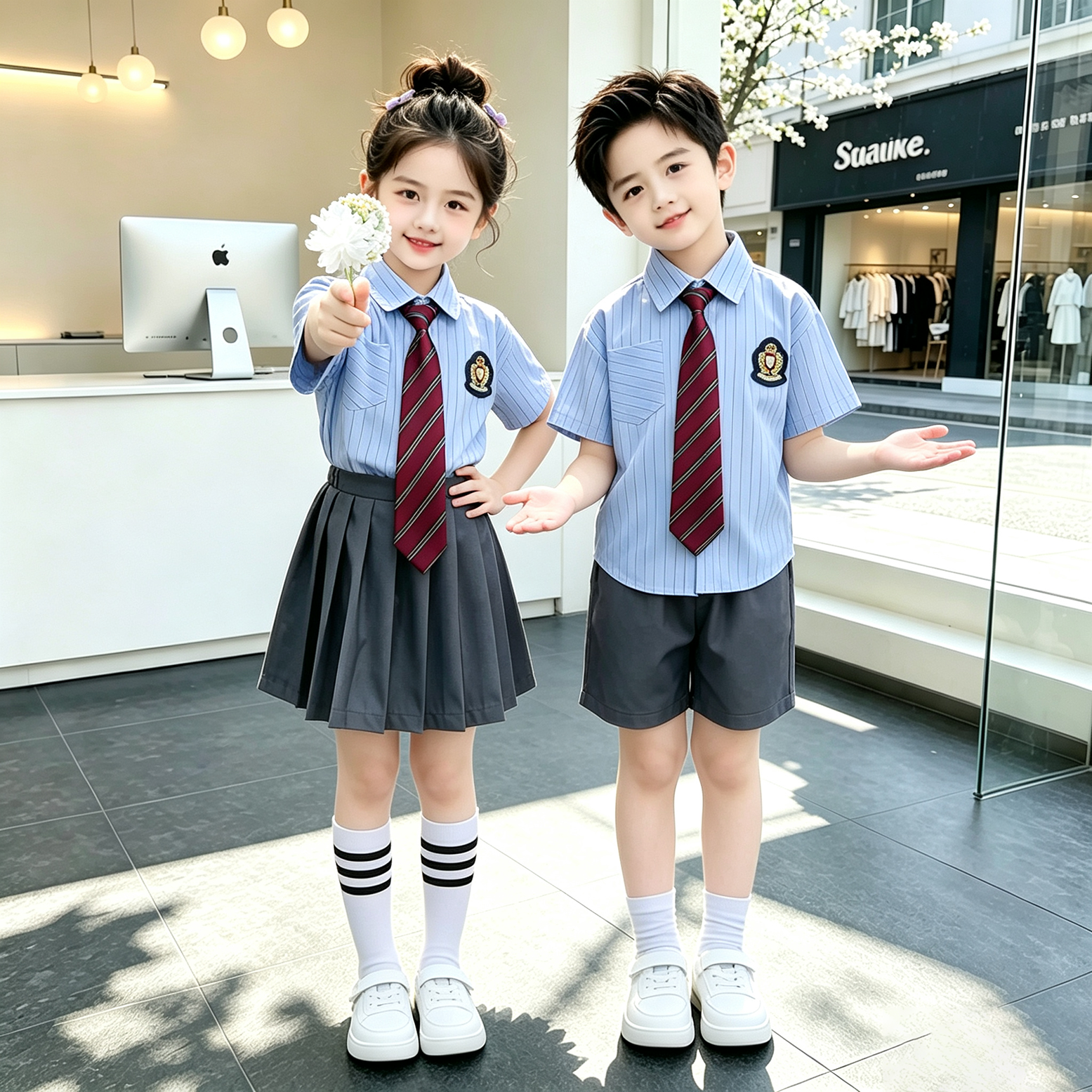 学院风儿童校服夏季两件套小学生蓝色制服男女毕业表演服班服套装
