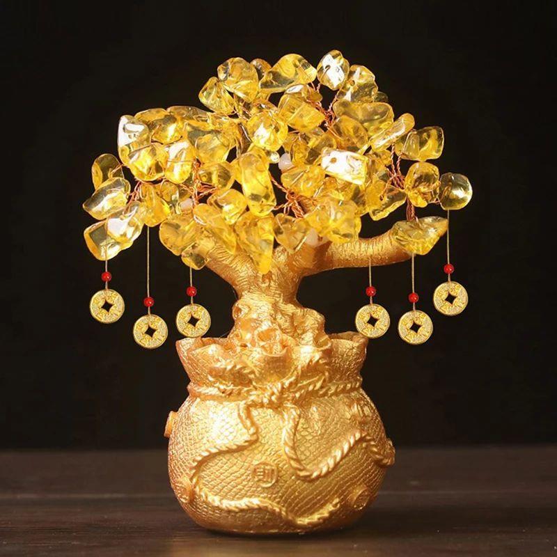 Lucky Tree Wealth Yellow Crystal Natural Money Ornaments Bon