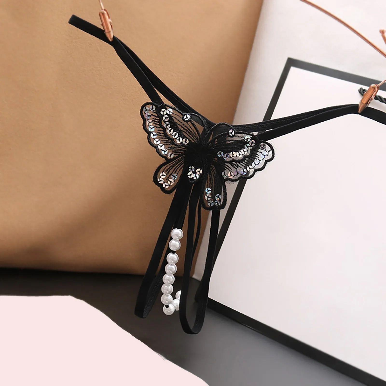 Crotch Opening Women Thong Embroidered Butterfly Sequins Bea