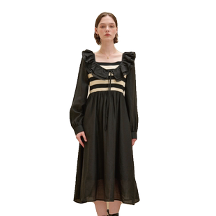 PATAVINITY法式温柔风气质条纹中长款连衣裙女秋季针织拼接长裙子