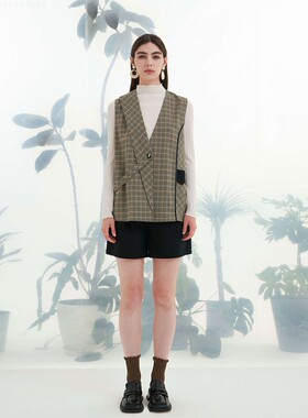 PATAVINITY春撞色拼接不对称格子马夹女装8F3157002