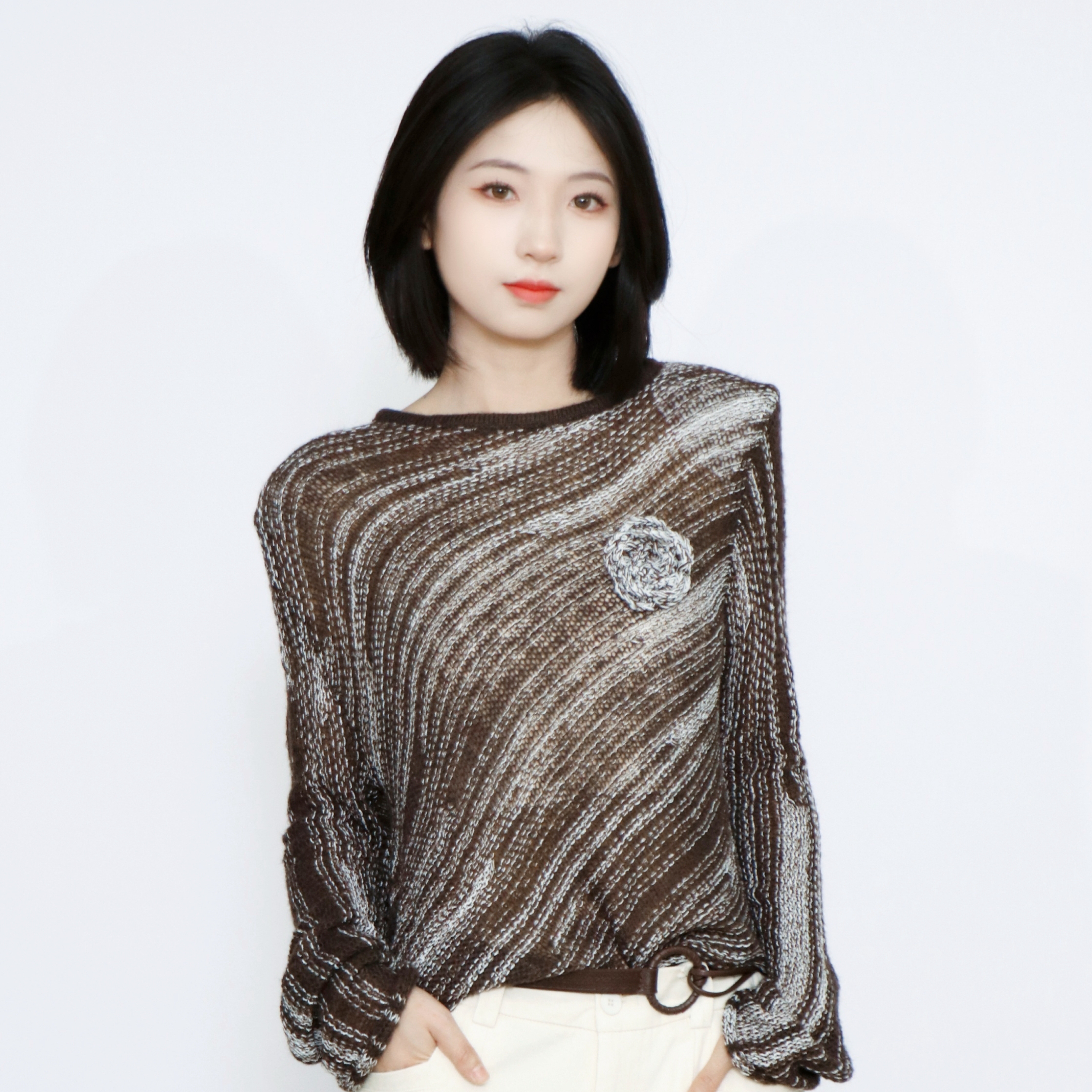 PATAVINITY气质飘带圆领不规则下摆针织衫女秋季显瘦百搭长袖上衣