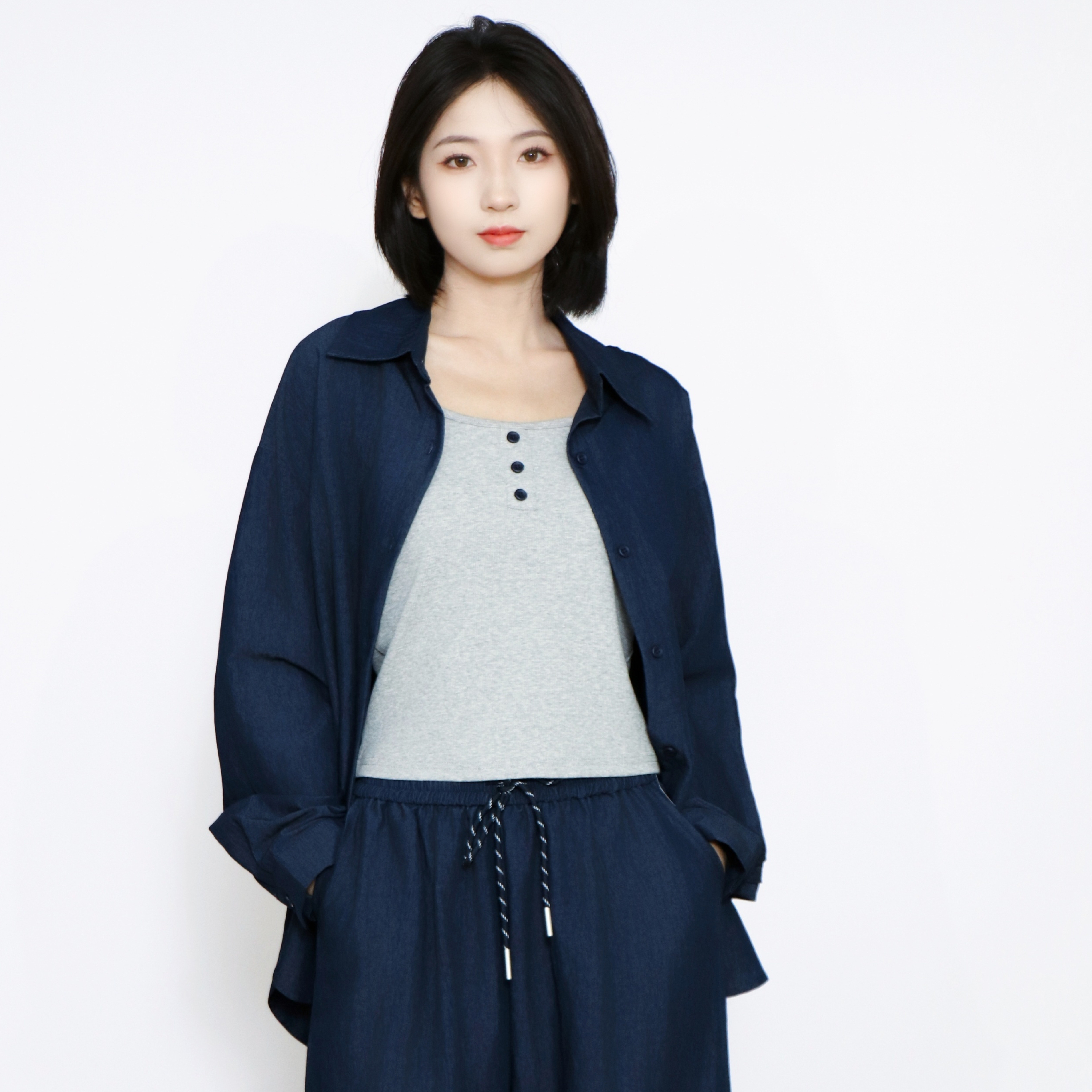 PATAVINITY牛仔衬衫背心女秋季套装叠穿小众高级感阔腿裤三件套