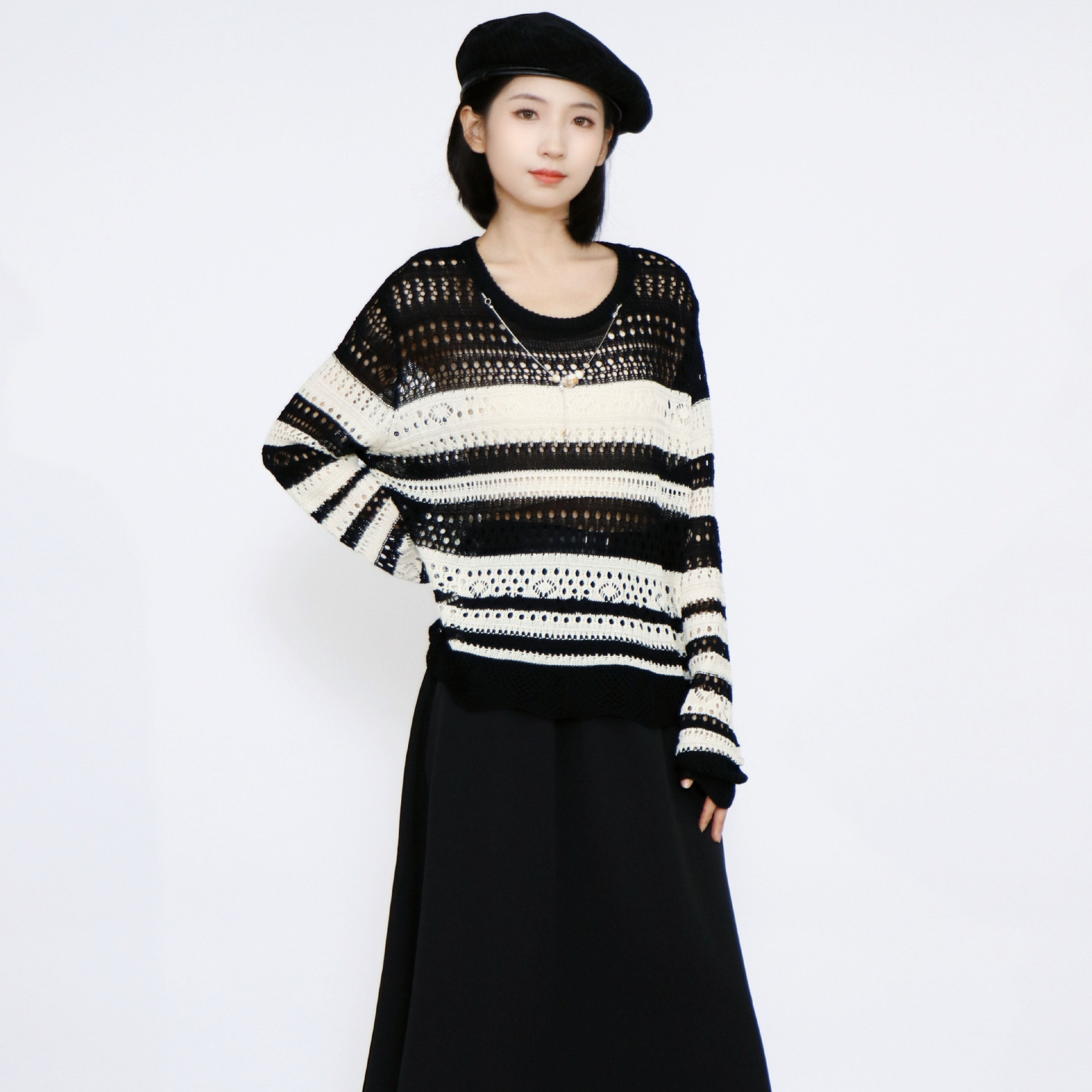 PATAVINITY时尚复古条纹慵懒镂空透气针织衫女秋季两件套半身裙子