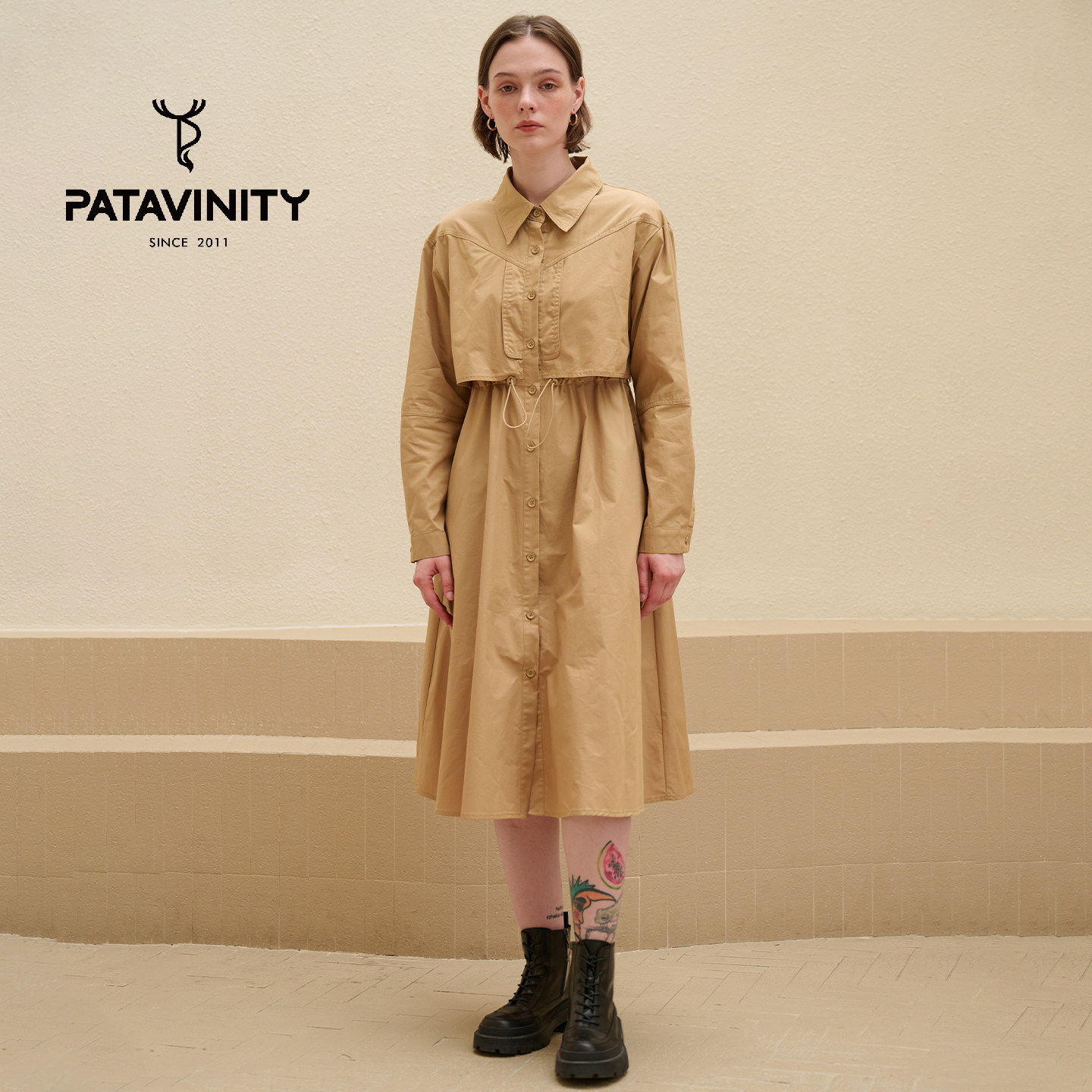 Patavinity假两件翻领衬衫连衣裙女春秋纯棉收腰百搭a字中长裙子