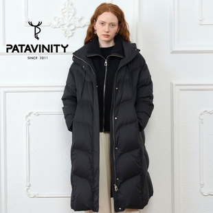 PATAVINITY气质通勤中长款羽绒服女冬季时尚茧型立领连帽保暖外套