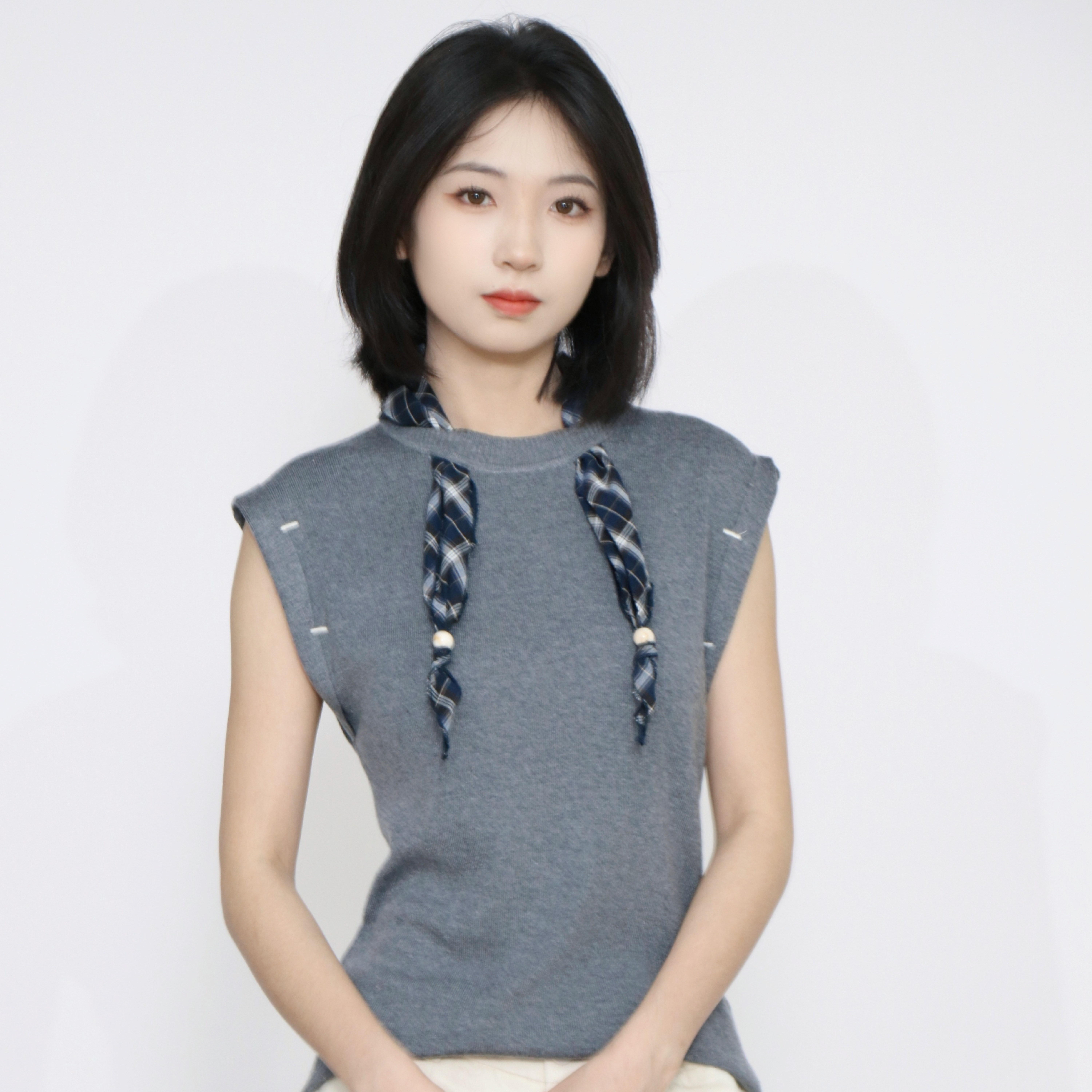 PATAVINITY圆领穿孔丝巾系带无袖针织衫女秋季修身无袖背心上衣