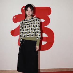 PATAVINITY復古菱形格紋提花套頭針織衫 上衣 毛衣女秋冬圓領長袖