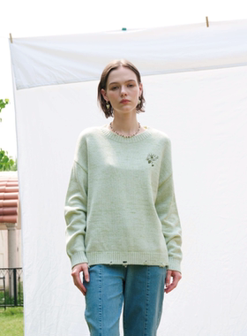 PATAVINITY宽松花朵刺绣圆领套头毛衣女秋季设计感长袖百搭针织衫