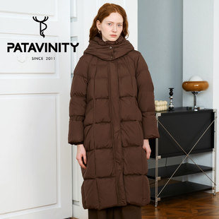 PATAVINITY白鸭绒长款修身外套冬季连帽收腰女士方形绗线羽绒服