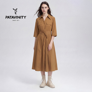 PATAVINITY时尚高腰系带衬衫裙女士春秋单排扣显瘦复古文艺连衣裙