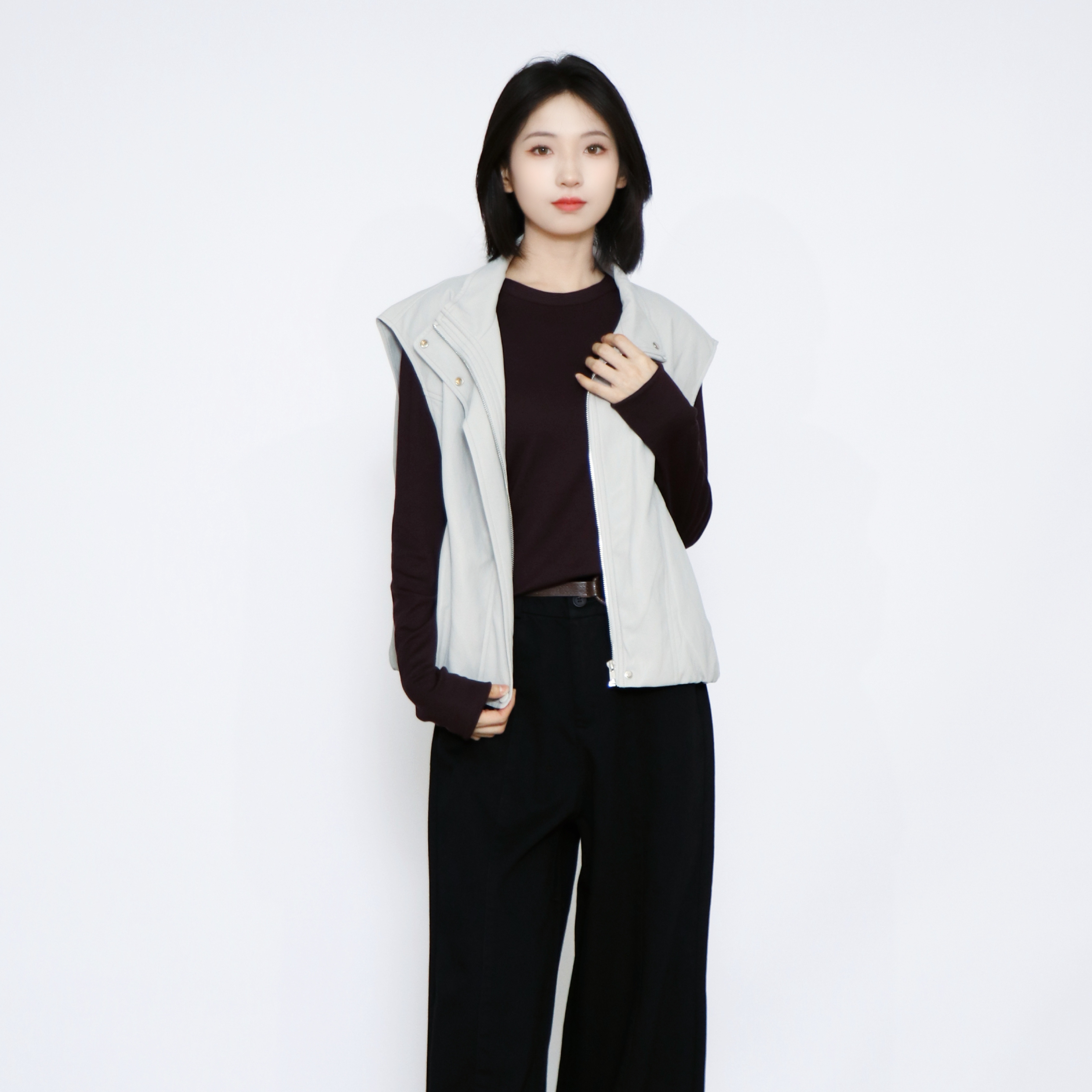 PATAVINITY气质简约宽松无袖背心女秋季坎肩立领皮革马甲外套上衣