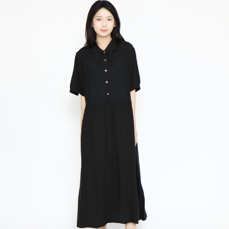 PATAVINITY拼接显瘦短袖百搭收腰连衣裙女夏季翻折领印花中长裙子