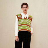 PATAVINITY复古条纹撞色拼接V领背心马甲女春秋无袖 针织套头马夹