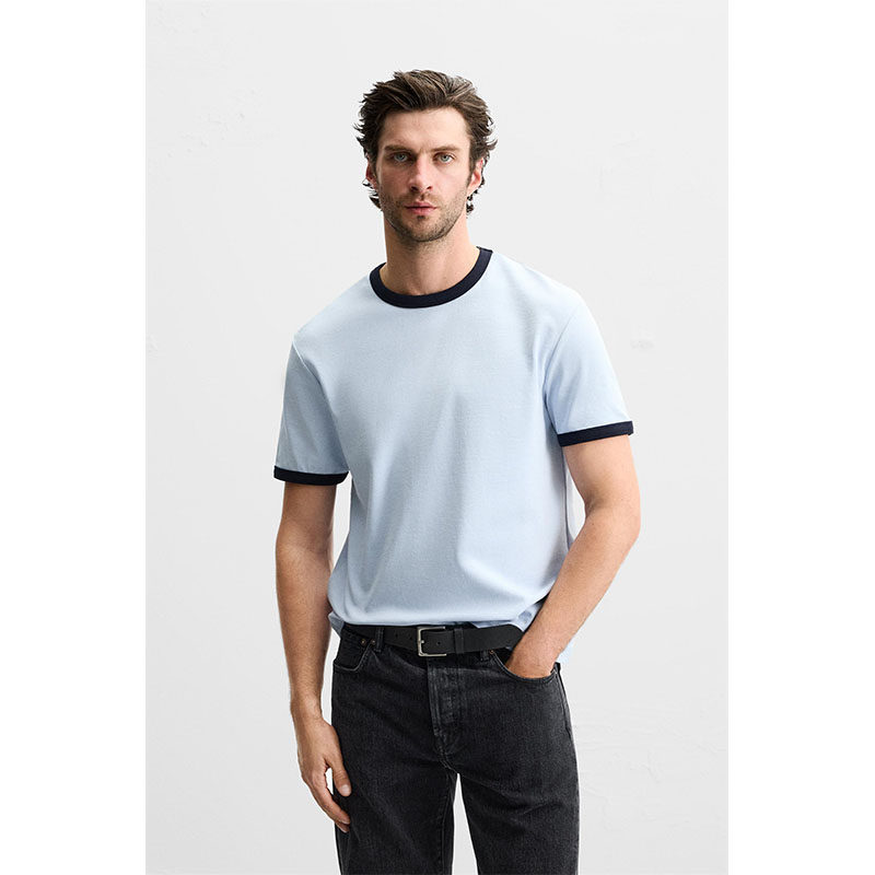 thumbnail for 2025 summer new men's round neck contrast guipure slim crew neck short sleeve T-shirt simple and versatile 0761412