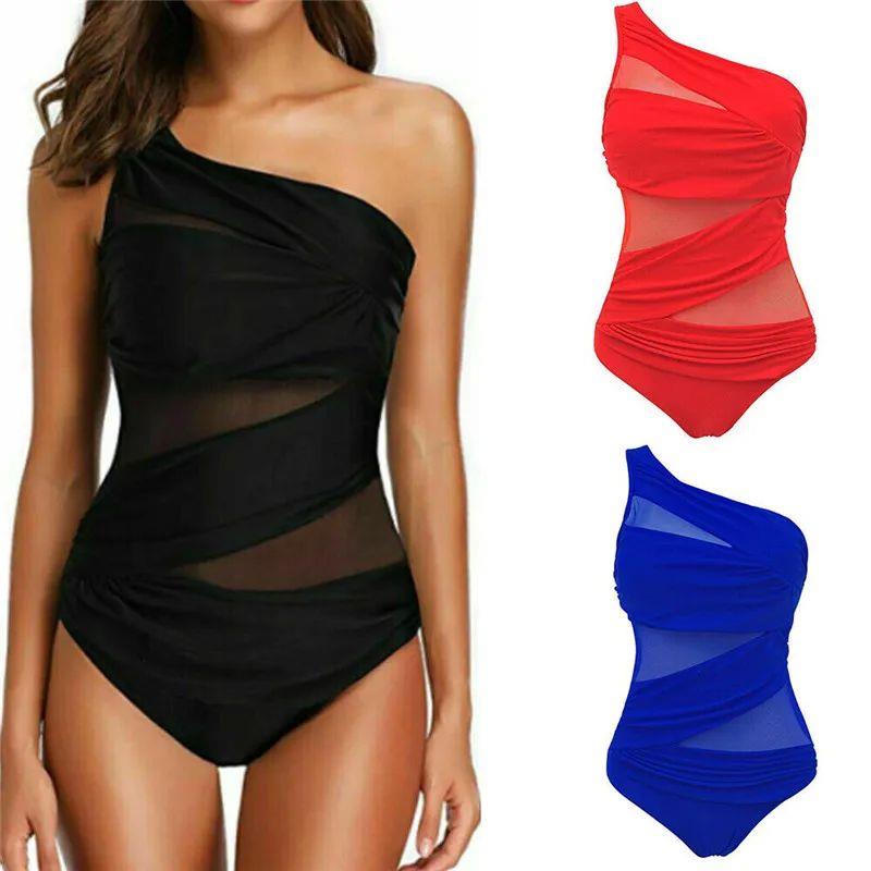 M-3XL 4XL Plus Size Swimsuits Women One Shoulder Slim Swimwe