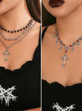 Neck chain cross pendant with dark collarbone chain