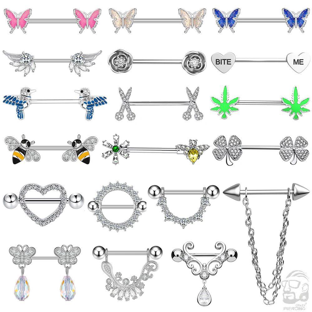 2pcs Cute Nipple Piercings Barbell Stainless Steel Crystal N